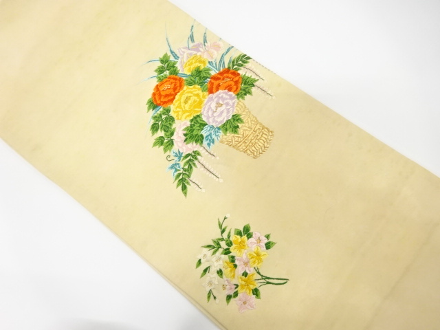 JAPANESE KIMONO / ANTIQUE FUKURO OBI / SILK / WOVEN FLORAL BUSKET